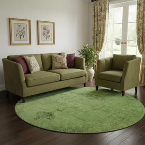 HomeRoots 8' Artichoke Green & Gray Oriental Round Rug - Washable, UV Protected, Stain Resistant, Durable Design 654859