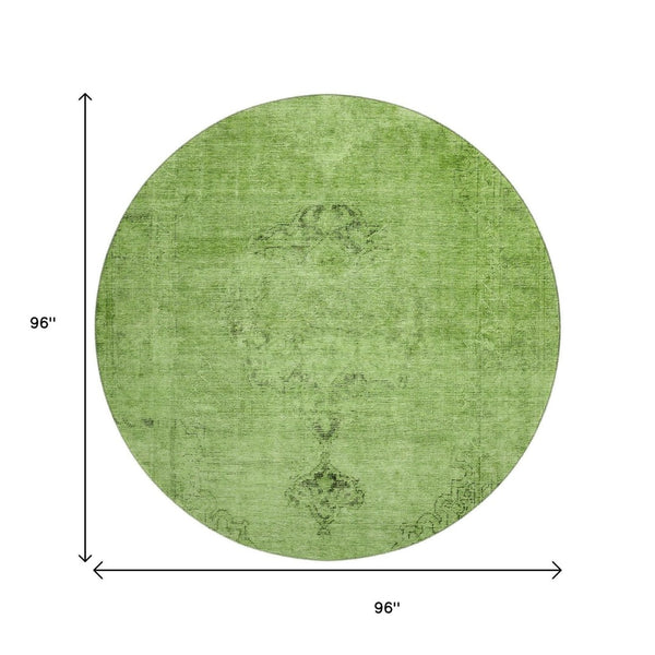 HomeRoots 8' Artichoke Green & Gray Oriental Round Rug - Washable, UV Protected, Stain Resistant, Durable Design 654859