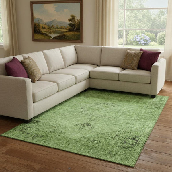 HomeRoots 8' X 10' Artichoke Green & Gray Oriental Area Rug - Washable, UV Protected, Perfect for Families! 654860