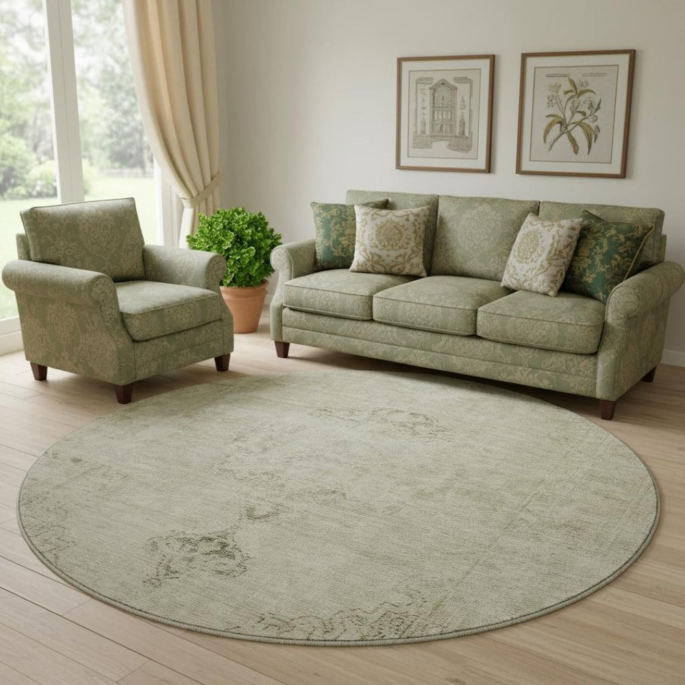 HomeRoots 8' Beige and Brown Oriental Round Rug - Washable, UV Protected, Stain Resistant for Busy Homes 654865