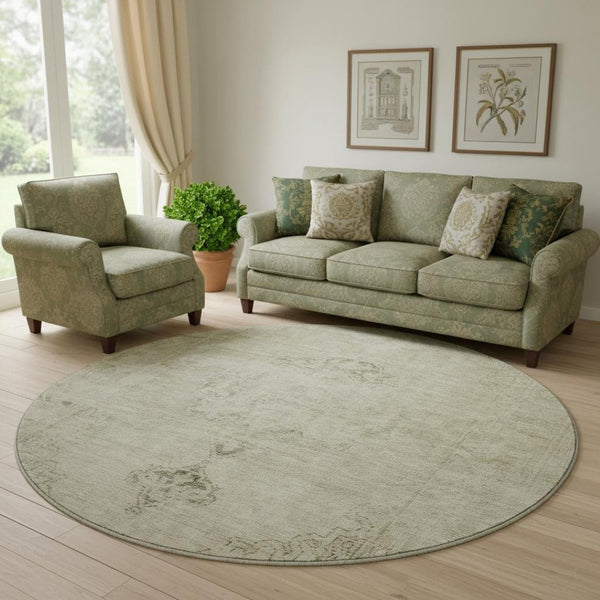 HomeRoots 8' Beige and Brown Oriental Round Rug - Washable, UV Protected, Stain Resistant for Busy Homes 654865