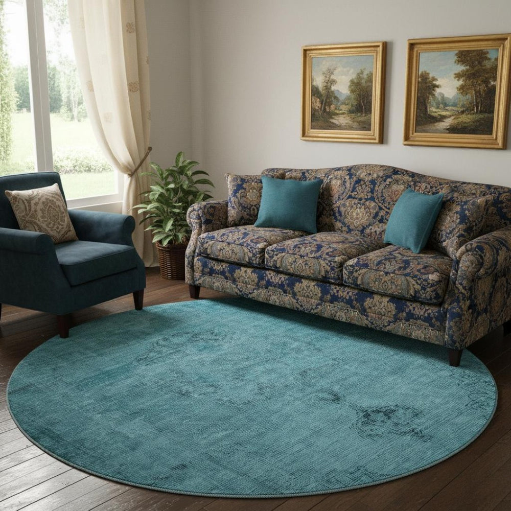 HomeRoots 8' Blue and Gray Oriental Washable Round Rug - Durable, Stain-Resistant, UV Protected & Stylish Decor! 654871