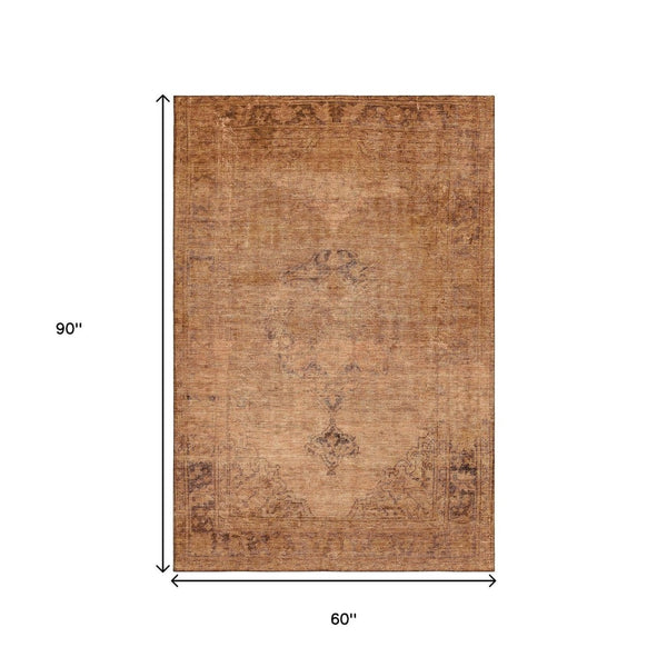 HomeRoots 5' X 8' Washable Copper & Brown Oriental Area Rug with UV Protection – Durable, Stain Resistant Design! 654876