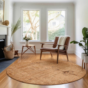 HomeRoots 8' Copper and Brown Oriental Round Rug - Washable, UV Protected, Stain-Resistant for Active Homes 654877