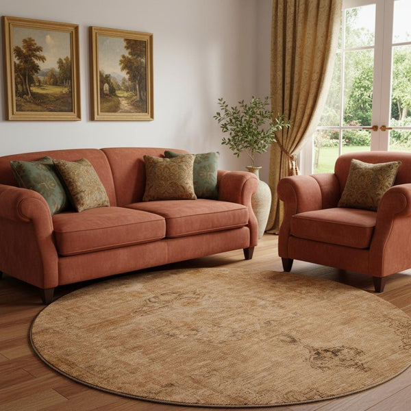 HomeRoots 8' Copper and Brown Oriental Round Rug - Washable, UV Protected, Stain-Resistant for Active Homes 654877