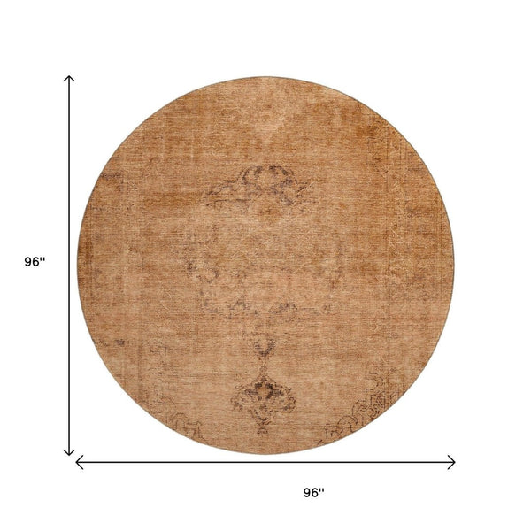HomeRoots 8' Copper and Brown Oriental Round Rug - Washable, UV Protected, Stain-Resistant for Active Homes 654877