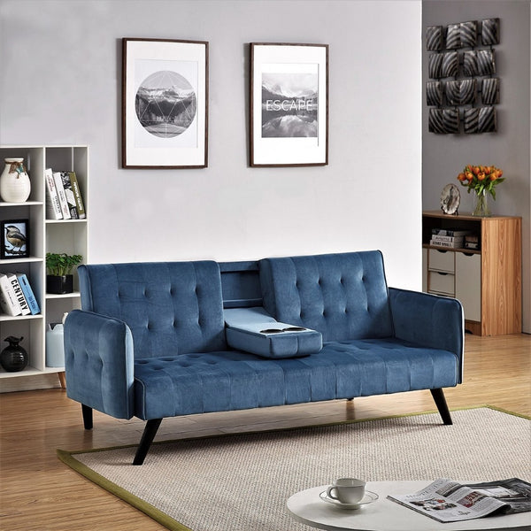 English Elm 72" Tufted Velvet Futon Sleeper Sofa with Console Mid-century 3 Seat Compact B2735P490975