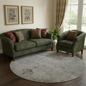 HomeRoots 8' Gray and Ivory Oriental Round Rug - Washable, UV Protected, Soft & Stain-Resistant for Family Homes 654889