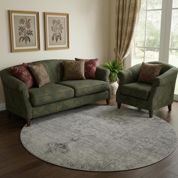 HomeRoots 8' Gray and Ivory Oriental Round Rug - Washable, UV Protected, Soft & Stain-Resistant for Family Homes 654889
