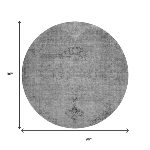 HomeRoots 8' Gray and Ivory Oriental Round Rug - Washable, UV Protected, Soft & Stain-Resistant for Family Homes 654889