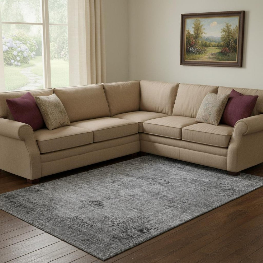 HomeRoots 10' X 14' Gray and Ivory Oriental Area Rug - Stain Resistant, UV Protected, Durable for Family Use 654892