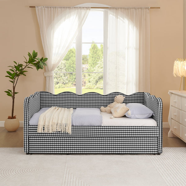 English Elm Cozy Twin Gingham Daybed with Trundle Sofa Bed, Linen Upholstery, USB Port, Wave Frame Design Black W1413S00102