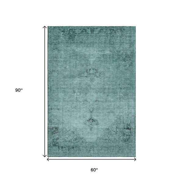 HomeRoots 5' X 8' Teal and Ivory Oriental Area Rug – Washable, Stain Resistant, UV Protected for Everyday Use 654906
