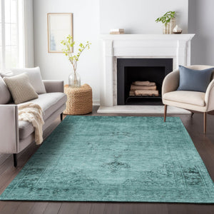 HomeRoots 5' X 8' Teal and Ivory Oriental Area Rug – Washable, Stain Resistant, UV Protected for Everyday Use 654906