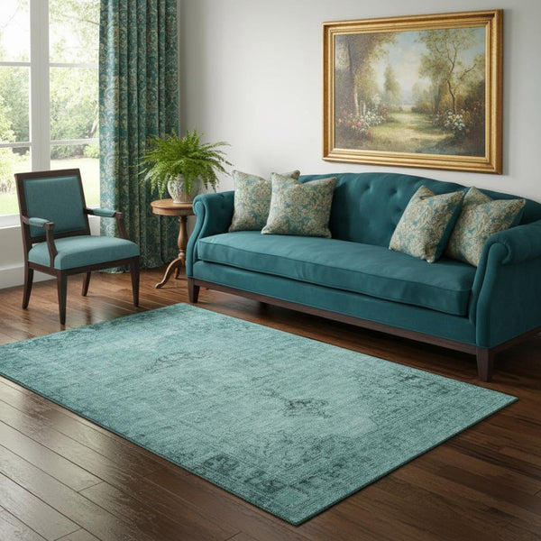 HomeRoots 5' X 8' Teal and Ivory Oriental Area Rug – Washable, Stain Resistant, UV Protected for Everyday Use 654906