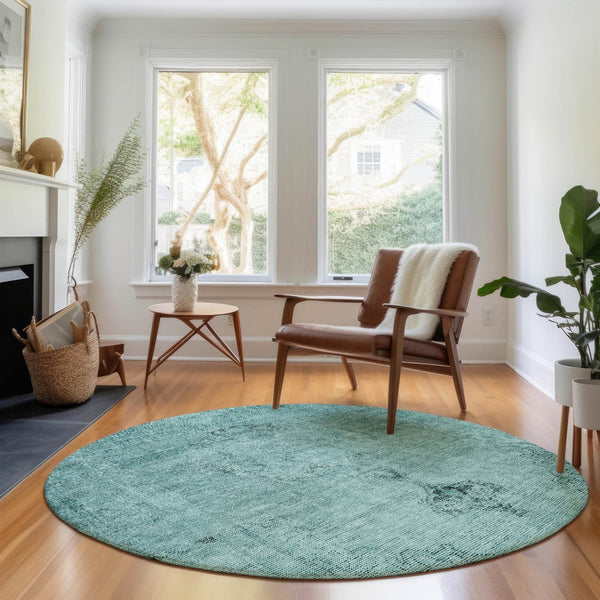 HomeRoots 8' Teal & Ivory Oriental Round Rug - Washable, UV Protected, Stain Resistant for Stylish Living Spaces 654907