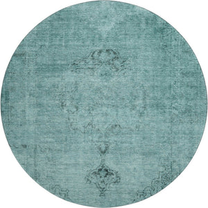 HomeRoots 8' Teal & Ivory Oriental Round Rug - Washable, UV Protected, Stain Resistant for Stylish Living Spaces 654907