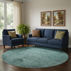 HomeRoots 8' Teal & Ivory Oriental Round Rug - Washable, UV Protected, Stain Resistant for Stylish Living Spaces 654907