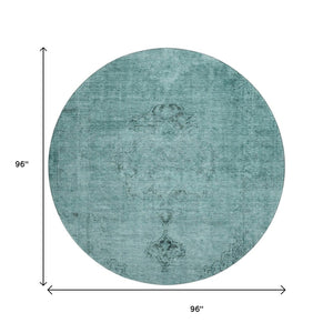 HomeRoots 8' Teal & Ivory Oriental Round Rug - Washable, UV Protected, Stain Resistant for Stylish Living Spaces 654907