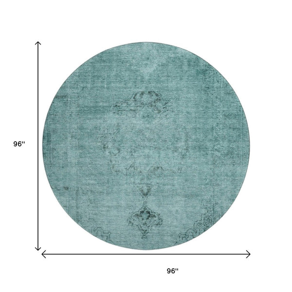 HomeRoots 8' Teal & Ivory Oriental Round Rug - Washable, UV Protected, Stain Resistant for Stylish Living Spaces 654907