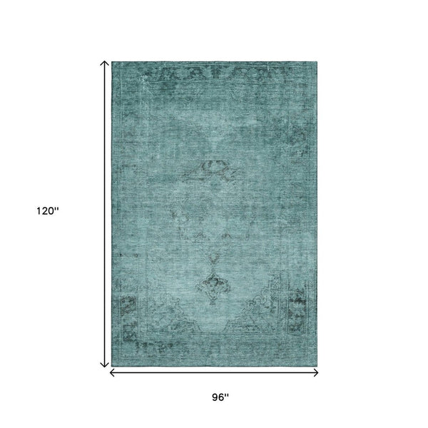 HomeRoots 8' X 10' Teal And Ivory Oriental Area Rug - Washable, UV Protected, Durable for High-Traffic Homes 654908
