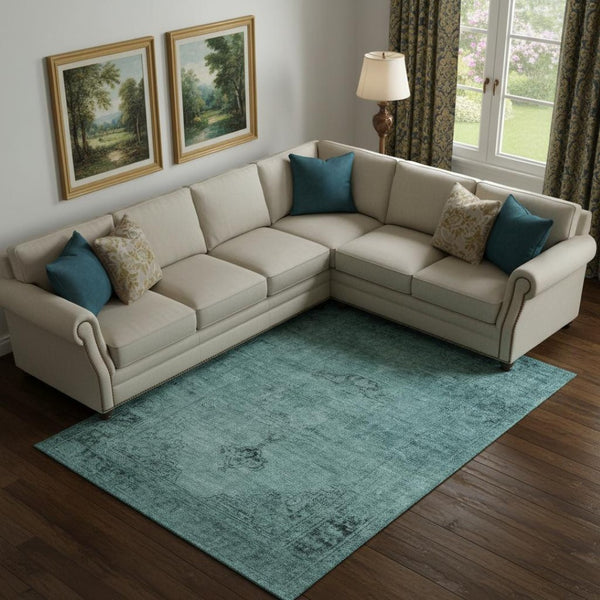 HomeRoots 9' X 12' Teal and Ivory Oriental Area Rug - Stain-Resistant, UV Protected, Durable for Busy Homes 654909
