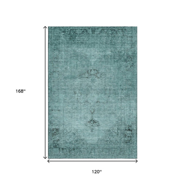 HomeRoots 10' X 14' Teal And Ivory Oriental Area Rug - Durable, Washable, UV Protected for Elegant Spaces 654910