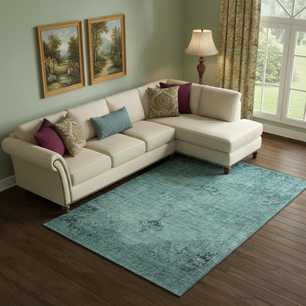 HomeRoots 10' X 14' Teal And Ivory Oriental Area Rug - Durable, Washable, UV Protected for Elegant Spaces 654910