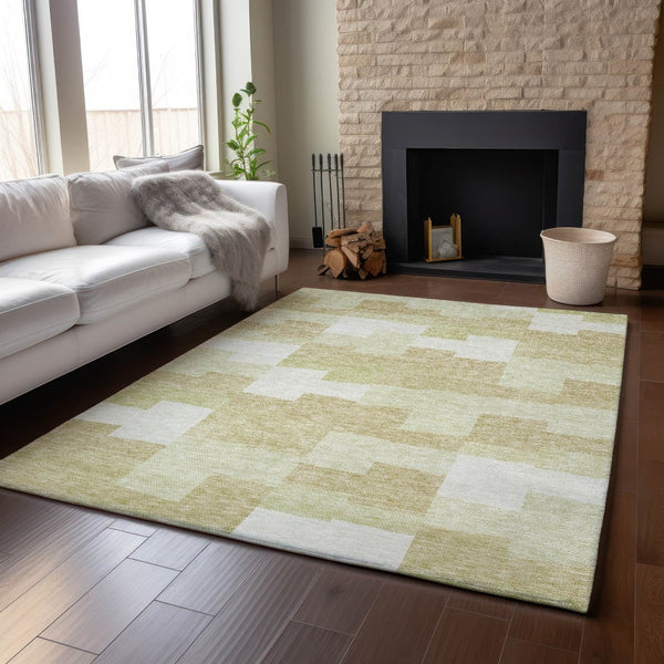 HomeRoots 8' X 10' Beige and Ivory Geometric Washable Area Rug with UV Protection for Modern Homes & Families 654914