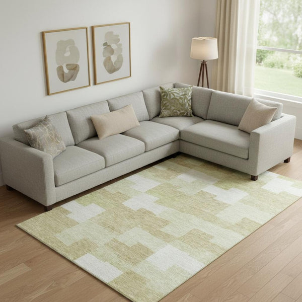 HomeRoots 8' X 10' Beige and Ivory Geometric Washable Area Rug with UV Protection for Modern Homes & Families 654914