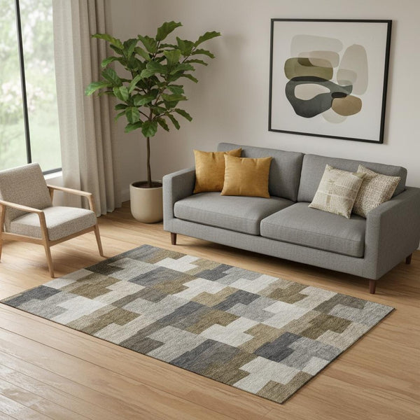 HomeRoots 5' X 8' Stylish Brown Beige Ivory Geometric Area Rug – Washable, UV Protected & Stain Resistant! 654918