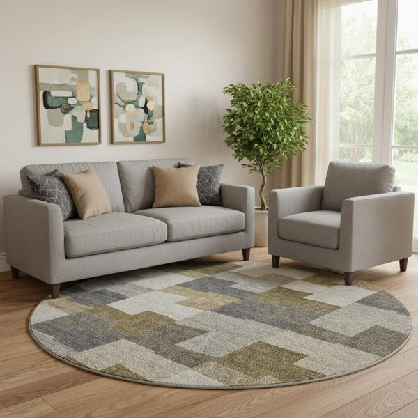 HomeRoots 8' Washable Round Rug in Brown, Beige & Ivory - UV Protected, Perfect for High-Traffic Family Spaces! 654919