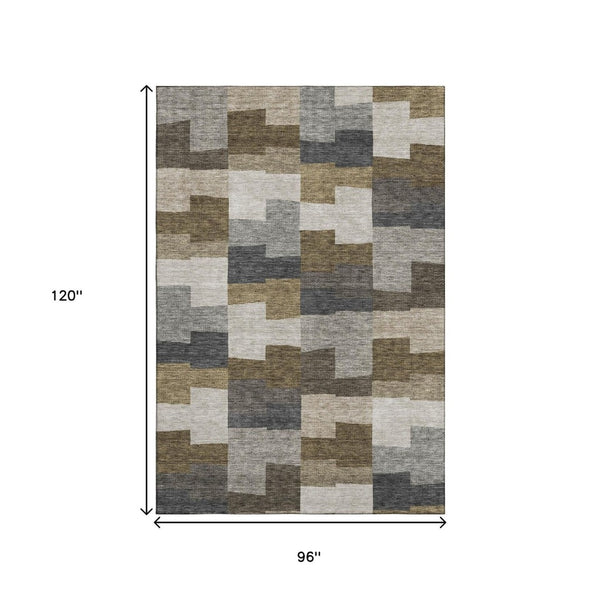 HomeRoots 8' X 10' Geometric Washable Area Rug in Brown, Beige & Ivory – UV Protected, Stain-Resistant Design 654920