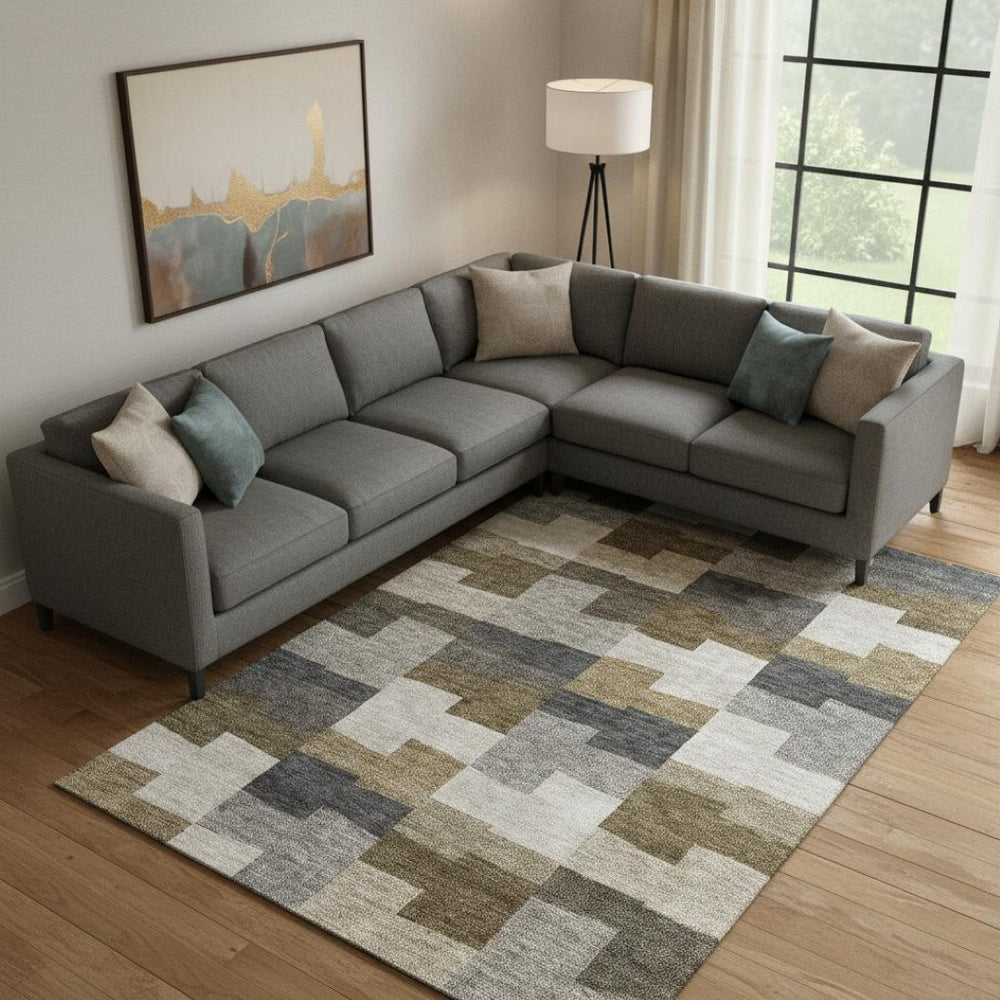 HomeRoots 8' X 10' Geometric Washable Area Rug in Brown, Beige & Ivory – UV Protected, Stain-Resistant Design 654920