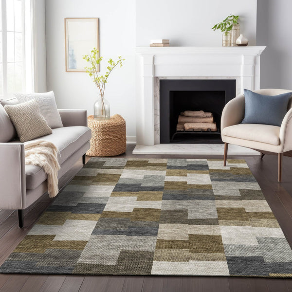 HomeRoots 9' Geometric Washable Area Rug in Brown, Beige & Ivory - Stain Resistant, UV Protected, Durable Design 654921