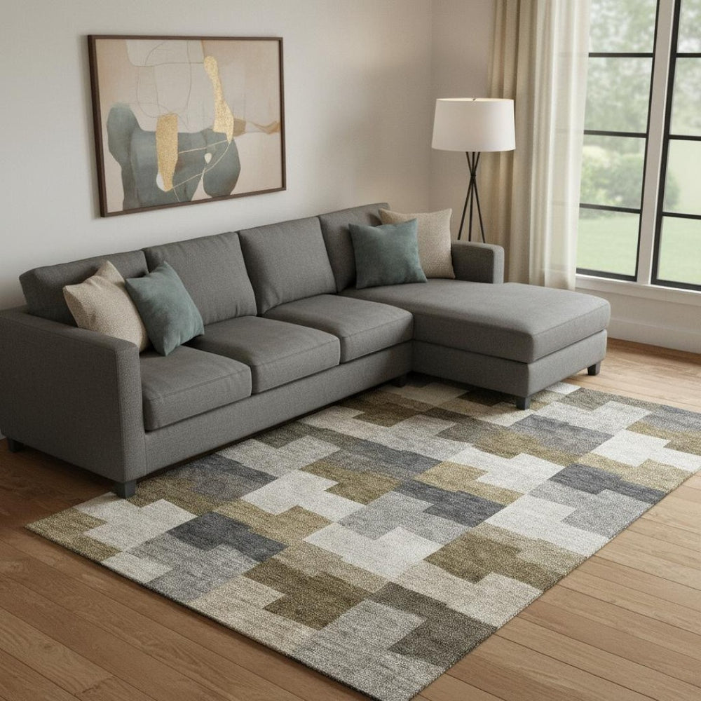 HomeRoots 9' Geometric Washable Area Rug in Brown, Beige & Ivory - Stain Resistant, UV Protected, Durable Design 654921