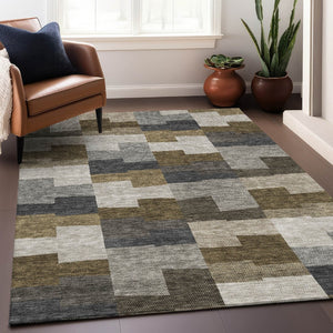 HomeRoots 10' Geometric Washable Area Rug in Brown, Beige & Ivory – Durable, Stain-Resistant, UV Protected! 654922