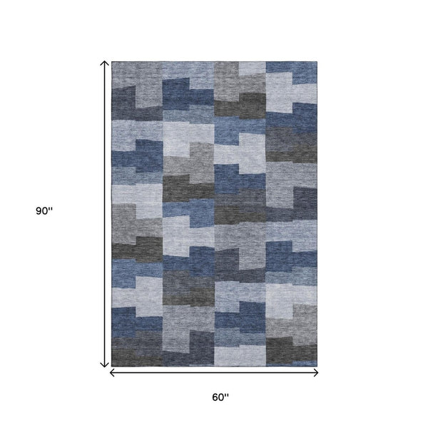 HomeRoots 5' X 8' Modern Blue Gray and Ivory Geometric Washable Area Rug with UV Protection for High-Traffic Spaces 654924