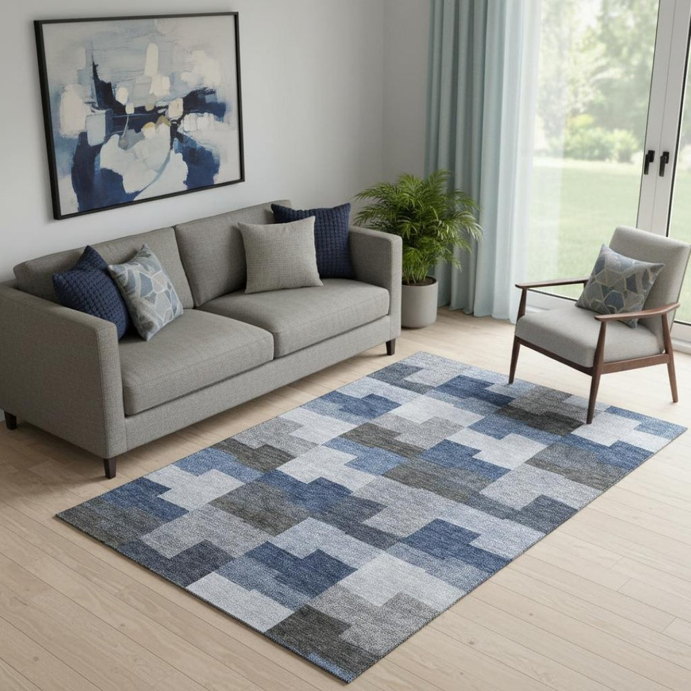 HomeRoots 5' X 8' Modern Blue Gray and Ivory Geometric Washable Area Rug with UV Protection for High-Traffic Spaces 654924