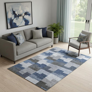 HomeRoots 5' X 8' Modern Blue Gray and Ivory Geometric Washable Area Rug with UV Protection for High-Traffic Spaces 654924