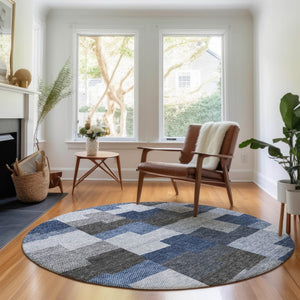 HomeRoots 8' Blue Gray and Ivory Geometric Round Washable Rug with UV Protection for Modern Spaces & Style 654925