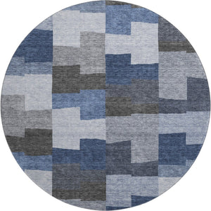HomeRoots 8' Blue Gray and Ivory Geometric Round Washable Rug with UV Protection for Modern Spaces & Style 654925