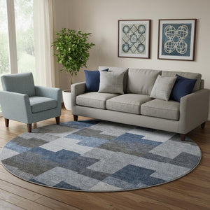 HomeRoots 8' Blue Gray and Ivory Geometric Round Washable Rug with UV Protection for Modern Spaces & Style 654925