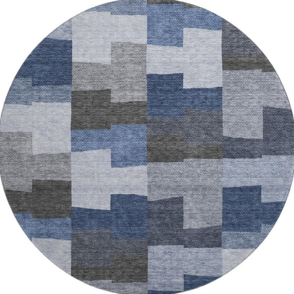 HomeRoots 8' Blue Gray and Ivory Geometric Round Washable Rug with UV Protection for Modern Spaces & Style 654925