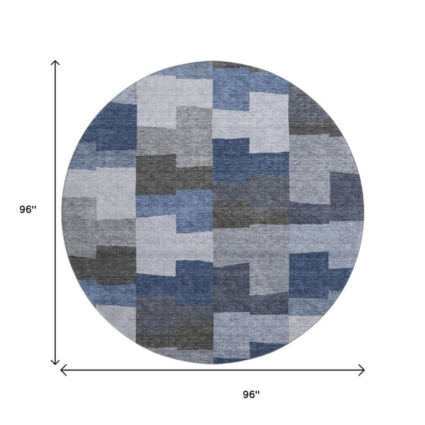 HomeRoots 8' Blue Gray and Ivory Geometric Round Washable Rug with UV Protection for Modern Spaces & Style 654925