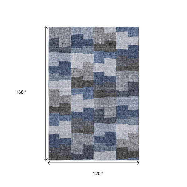 HomeRoots 10' Modern Blue Gray & Ivory Geometric Washable Area Rug – Durable, Stain-Resistant, UV Protected! 654928