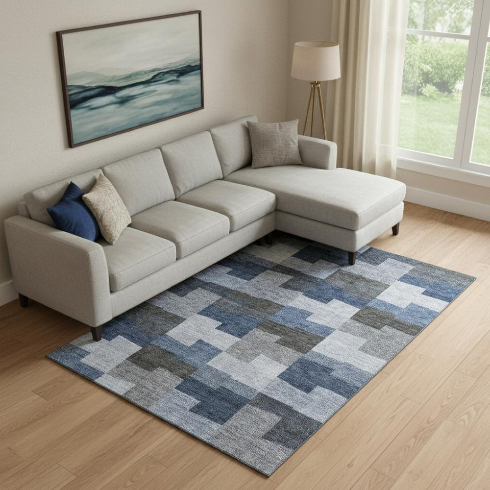 HomeRoots 10' Modern Blue Gray & Ivory Geometric Washable Area Rug – Durable, Stain-Resistant, UV Protected! 654928