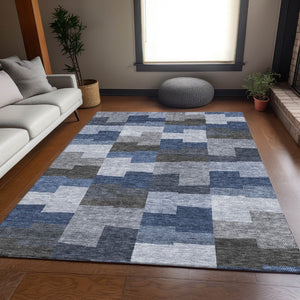 HomeRoots 10' Modern Blue Gray & Ivory Geometric Washable Area Rug – Durable, Stain-Resistant, UV Protected! 654928