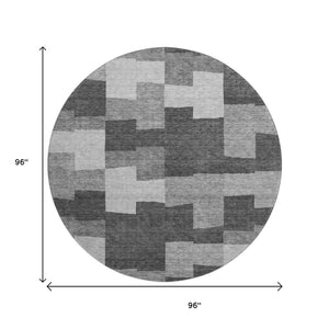 HomeRoots 8' Gray and Silver Geometric Round Rug - Washable, Stain Resistant, UV Protected for Modern Spaces 654931