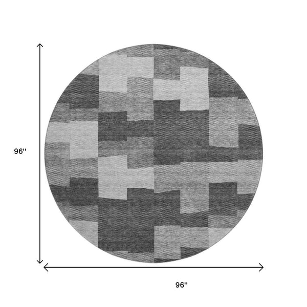 HomeRoots 8' Gray and Silver Geometric Round Rug - Washable, Stain Resistant, UV Protected for Modern Spaces 654931
